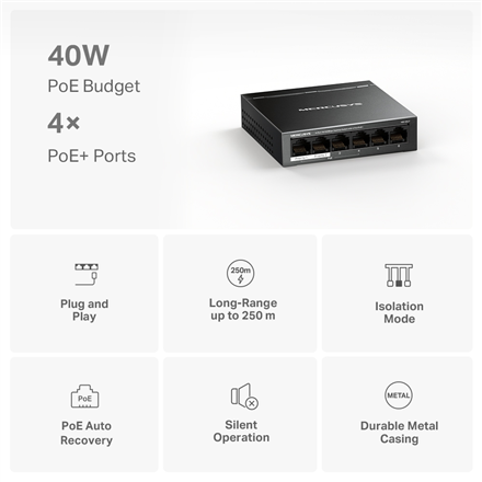 MS106LP | Mercusys 6-Port 10/100 Mbps Desktop Switch with 4-Port PoE+ | Desktop | 10/100 Mbps (RJ-45) ports quantity 6