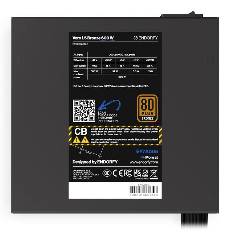 Power Supply ENDORFY Vero L5 Bronze 600 W 600 Watts Efficiency 80 PLUS BRONZE MTBF 80000 hours EY7A005