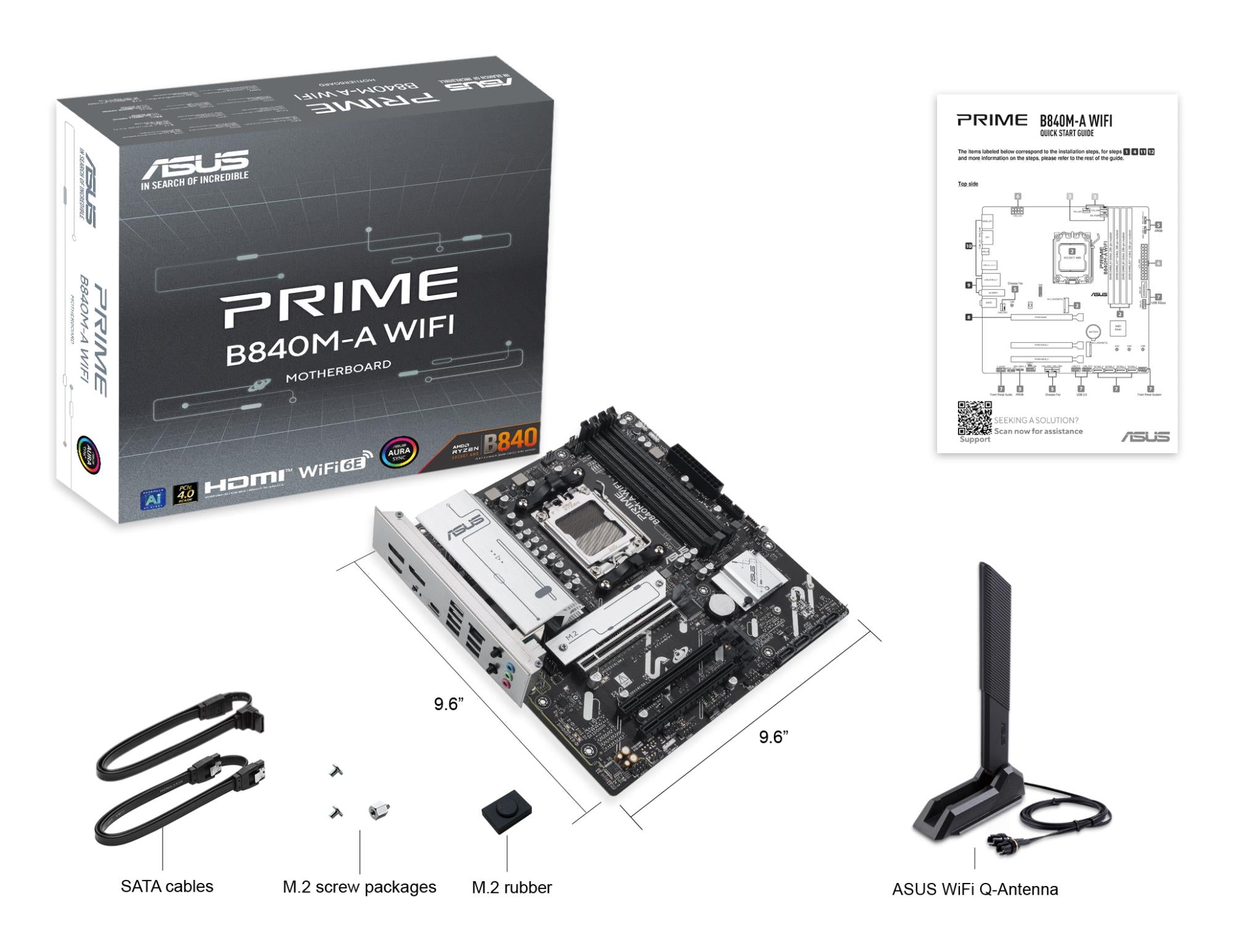 Mainboard ASUS AMD B840 SAM5 Micro-ATX Memory DDR5 Memory slots 4 2xPCI-Express 3.0 16x 1xPCI-Express 4.0 16x 3xM.2 1xHDMI 2xDisplayPort 4xUSB 2.0 2xUSB 3.2 1xUSB-C 1xRJ45 3xAudio port PRIMEB840M-AWIFI