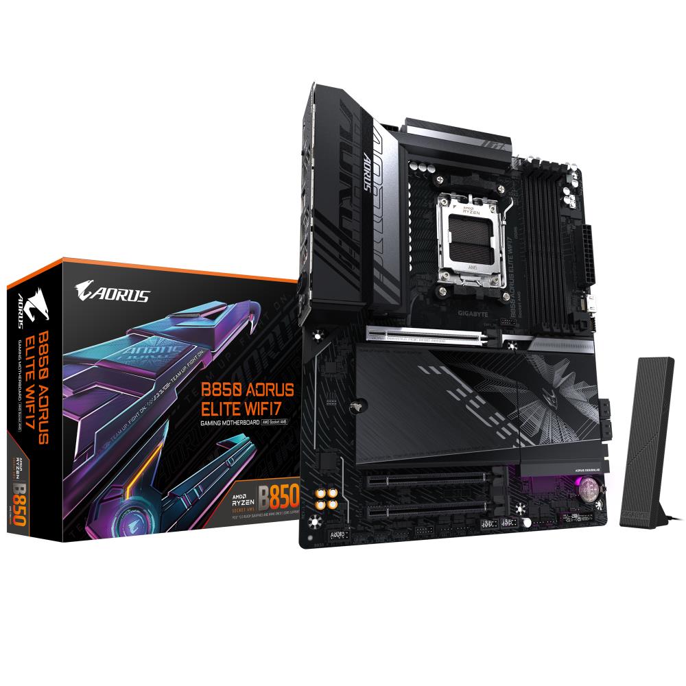 Mainboard GIGABYTE AMD B850 SAM5 ATX Memory DDR5 Memory slots 4 2xPCI-Express 3.0 16x 1xPCI-Express 5.0 16x 3xM.2 1xDisplayPort 4xUSB 2.0 7xUSB 3.2 1xUSB-C 1xOptical S/PDIF 1xRJ45 2xAudio port B850AELITEWF71.1