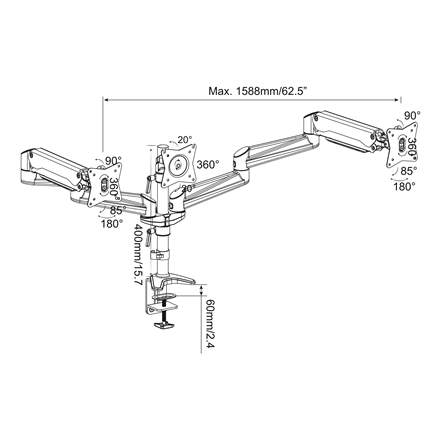 Digitus Desk Mount | Triple Monitor Gas Spring Mount DA-90363 | Adjustable Height, Tilt, Swivel | 15-27 " | Maximum weig