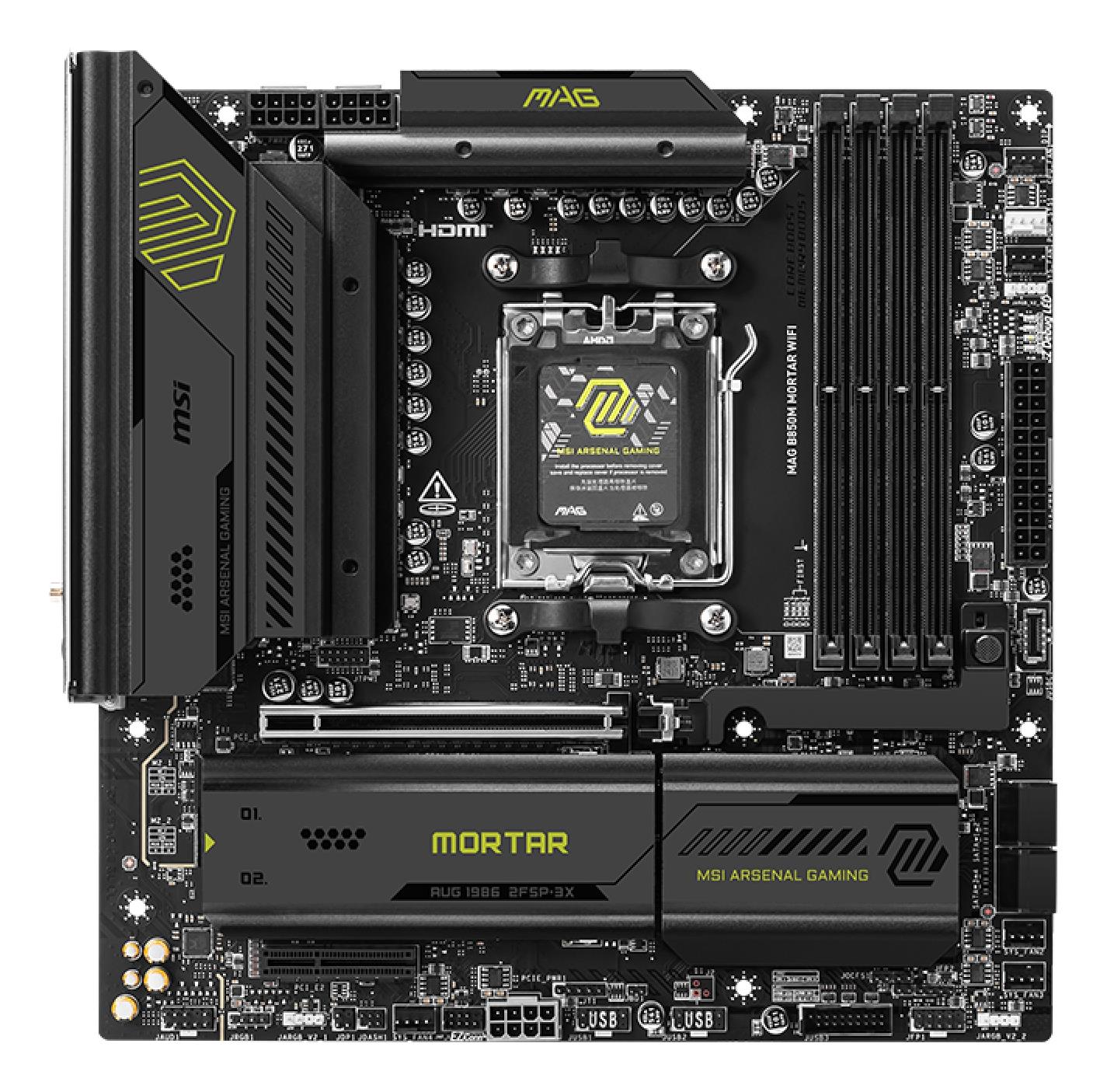 Mainboard MSI AMD B850 SAM5 Micro-ATX Memory DDR5 Memory slots 4 1xPCI-Express 4.0 4x 1xPCI-Express 4.0 8x 1xPCI-Express 4.0 16x 1xPCI-Express 5.0 16x 3xM.2 1xHDMI 3xUSB 2.0 4xUSB 3.2 2xUSB-C 1xOptical S/PDIF 1xRJ45 2xAudio port MAGB850MMORTARWIFI