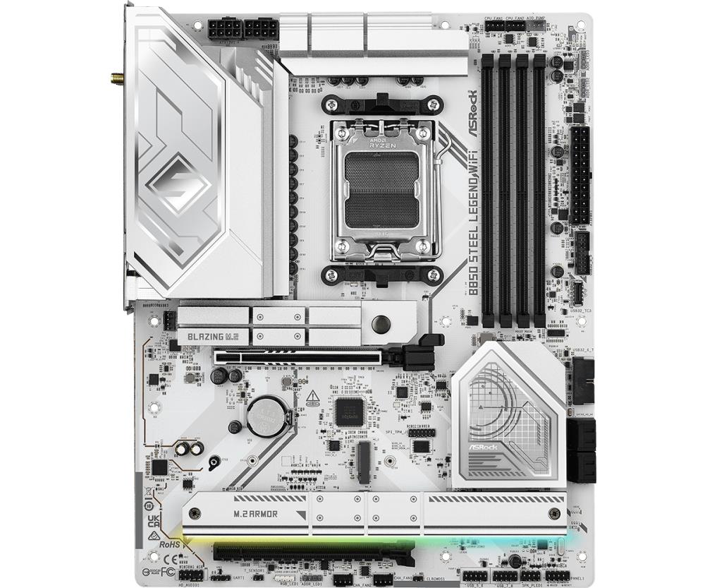 Mainboard ASROCK AMD B850 SAM5 ATX Memory DDR5 Memory slots 4 1xPCI-Express 4.0 16x 1xPCI-Express 5.0 16x 1xM.2 1xHDMI 1xAudio-In 1xAudio-Out 4xUSB 2.0 5xUSB 3.2 2xUSB-C 1xOptical S/PDIF 1xRJ45 B850STEELLEGENDWIFI