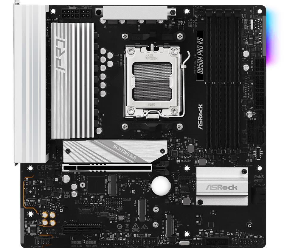 Mainboard ASROCK AMD B850 SAM5 Micro-ATX Memory DDR5 Memory slots 4 1xPCI-Express 4.0 4x 1xPCI-Express 5.0 16x 1xM.2 1xHDMI 1xDisplayPort 1xAudio-In 1xAudio-Out 1xMicrophone 4xUSB 2.0 3xUSB 3.2 1xUSB-C 1xRJ45 B850MPRORS