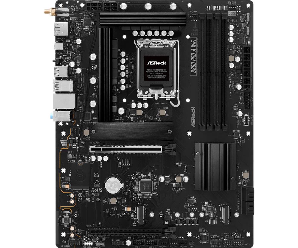 Mainboard ASROCK Intel B860 Express LGA1851 ATX Memory DDR5 Memory slots 4 1xPCI-Express 4.0 16x 1xPCI-Express 5.0 16x 1xM.2 1xHDMI 1xDisplayPort 1xAudio-In 1xAudio-Out 1xMicrophone 2xUSB 2.0 6xUSB 3.2 1xUSB-C 1xRJ45 B860PRO-AWIFI