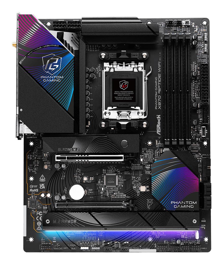 Mainboard ASROCK AMD X870 SAM5 ATX Memory DDR5 Memory slots 4 1xPCI-Express 4.0 16x 1xPCI-Express 5.0 16x 4xM.2 1xHDMI 4xUSB 2.0 5xUSB 3.2 2xUSB-C 1xOptical S/PDIF 1xRJ45 2xAudio port X870RIPTIDEWIFI