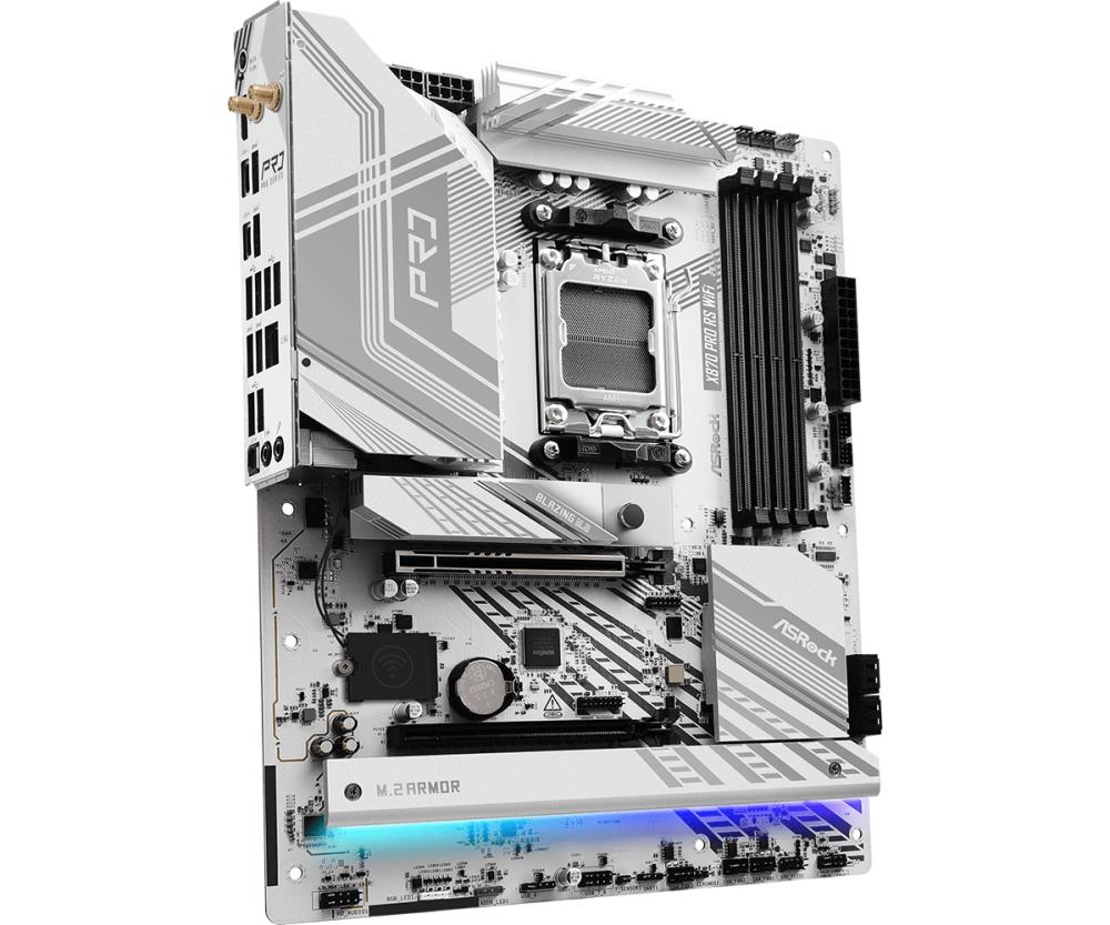 Mainboard ASROCK AMD X870 SAM5 ATX Memory DDR5 Memory slots 4 1xPCI-Express 4.0 16x 1xPCI-Express 5.0 16x 4xM.2 1xHDMI 6xUSB 2.0 4xUSB 3.2 2xUSB-C 1xOptical S/PDIF 1xRJ45 2xAudio port X870PRORSWIFI