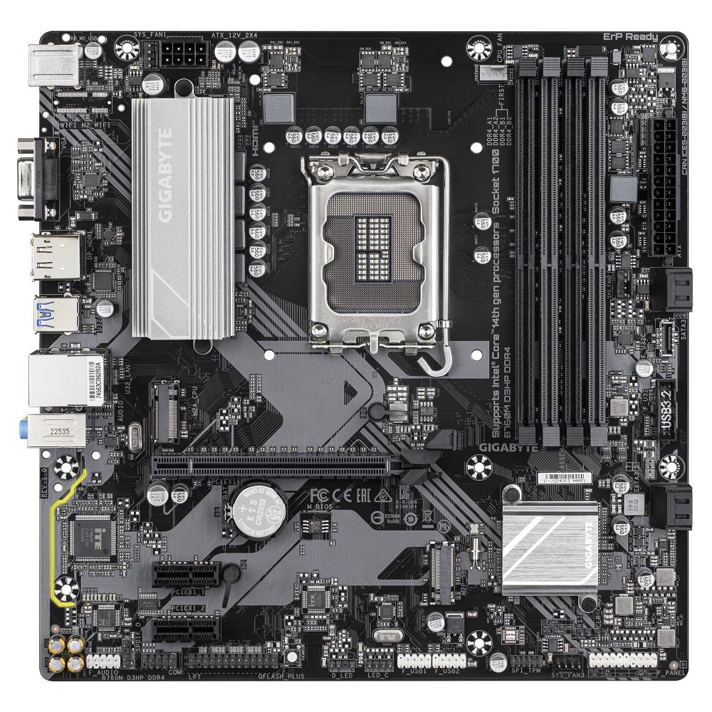 Mainboard GIGABYTE Intel B760 Express LGA1700 Micro-ATX Memory DDR4 Memory slots 4 2xPCI-Express 3.0 1x 1xPCI-Express 4.0 16x 2xM.2 1x15pin D-sub 1xHDMI 1xDisplayPort 6xUSB 2.0 5xUSB 3.2 1xUSB-C 1xPS/2 1xRJ45 3xAudio port B760MD3HPDDR4