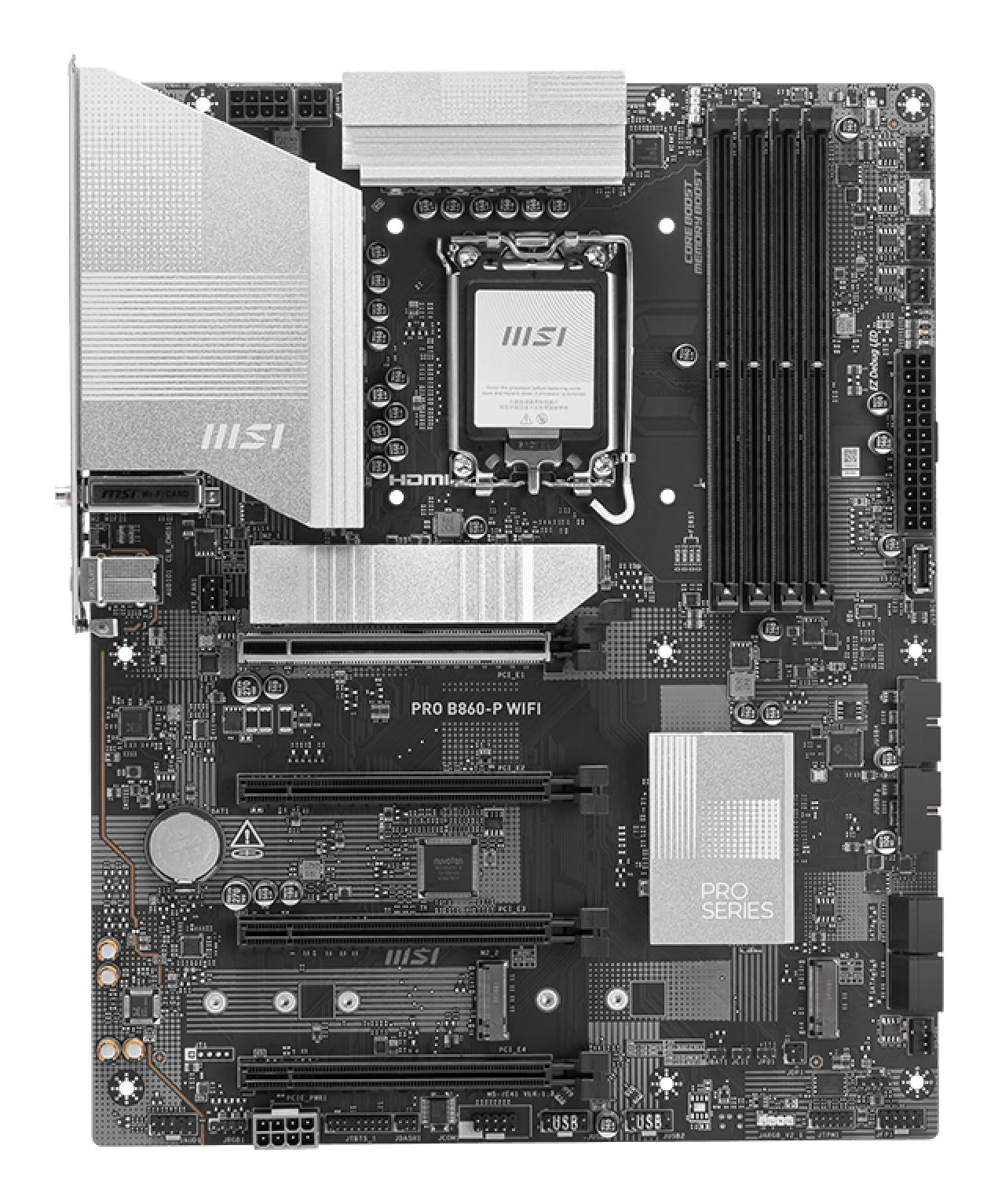 Mainboard MSI Intel B860 Express LGA1851 ATX Memory DDR5 Memory slots 4 2xPCI-Express 4.0 1x 1xPCI-Express 4.0 4x 1xPCI-Express 5.0 16x 3xM.2 1xHDMI 1xDisplayPort 8xUSB 2.0 2xUSB 3.2 1xUSB-C 1xRJ45 3xAudio port 1xThunderbolt PROB860-PWIFI