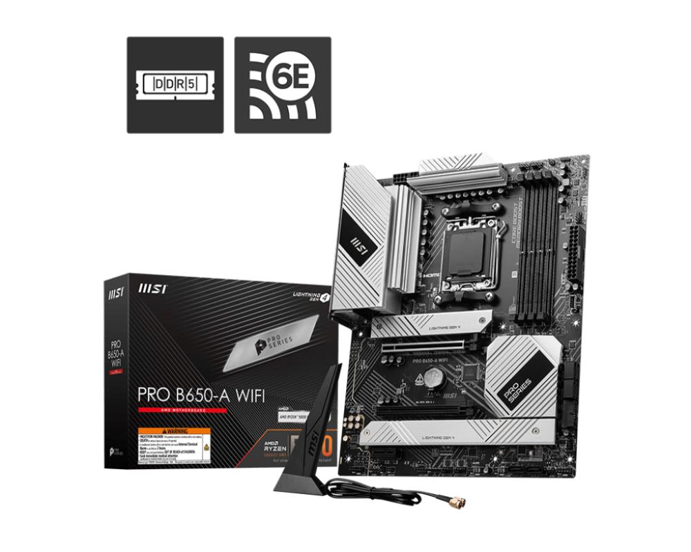 Mainboard MSI AMD B650 SAM5 ATX Memory DDR5 Memory slots 4 1xPCI-Express 3.0 1x 1xPCI-Express 4.0 2x 1xPCI-Express 4.0 16x 3xM.2 1xHDMI 1xDisplayPort 2xUSB 2.0 7xUSB 3.2 1xUSB-C 1xOptical S/PDIF 1xRJ45 3xAudio port PROB650-AWIFI