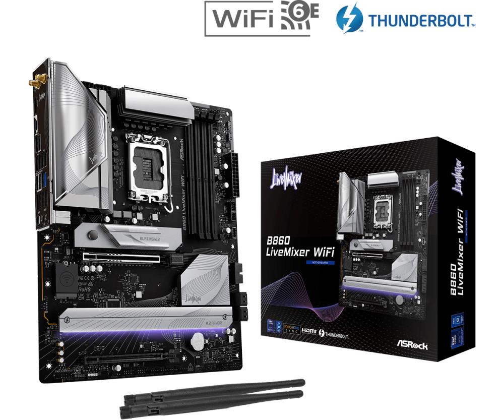 Mainboard ASROCK Intel B860 Express LGA1851 ATX Memory DDR5 Memory slots 4 1xPCI-Express 4.0 16x 1xPCI-Express 5.0 16x 1xM.2 1xHDMI 1xAudio-Out 1xMicrophone 6xUSB 2.0 6xUSB 3.2 1xUSB-C w/Thunderbolt 1xOptical S/PDIF 1xRJ45 B860LIVEMIXERWIFI