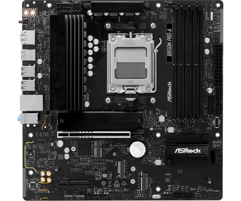 Mainboard ASROCK AMD B850 SAM5 Micro-ATX Memory DDR5 Memory slots 4 1xPCI-Express 4.0 4x 1xPCI-Express 5.0 16x 1xM.2 1xHDMI 1xDisplayPort 1xAudio-In 1xAudio-Out 1xMicrophone 4xUSB 2.0 3xUSB 3.2 1xUSB-C 1xRJ45 B850MPRO-A