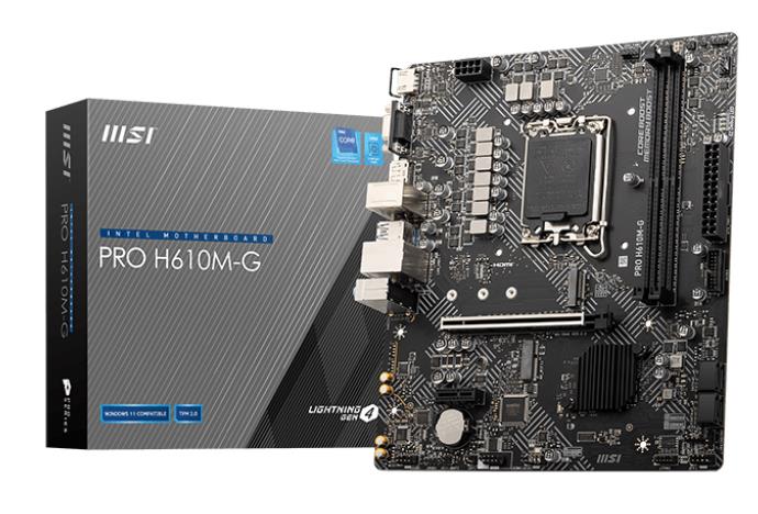 Mainboard MSI Intel H610 LGA1700 Micro-ATX Memory DDR5 Memory slots 2 1xPCI-Express 1x 1xPCI-Express 16x 1xM.2 1x15pin D-sub 1xHDMI 1xDisplayPort 4xUSB 2.0 2xUSB 3.2 1xPS/2 1xRJ45 3xAudio port PROH610M-GDDR5