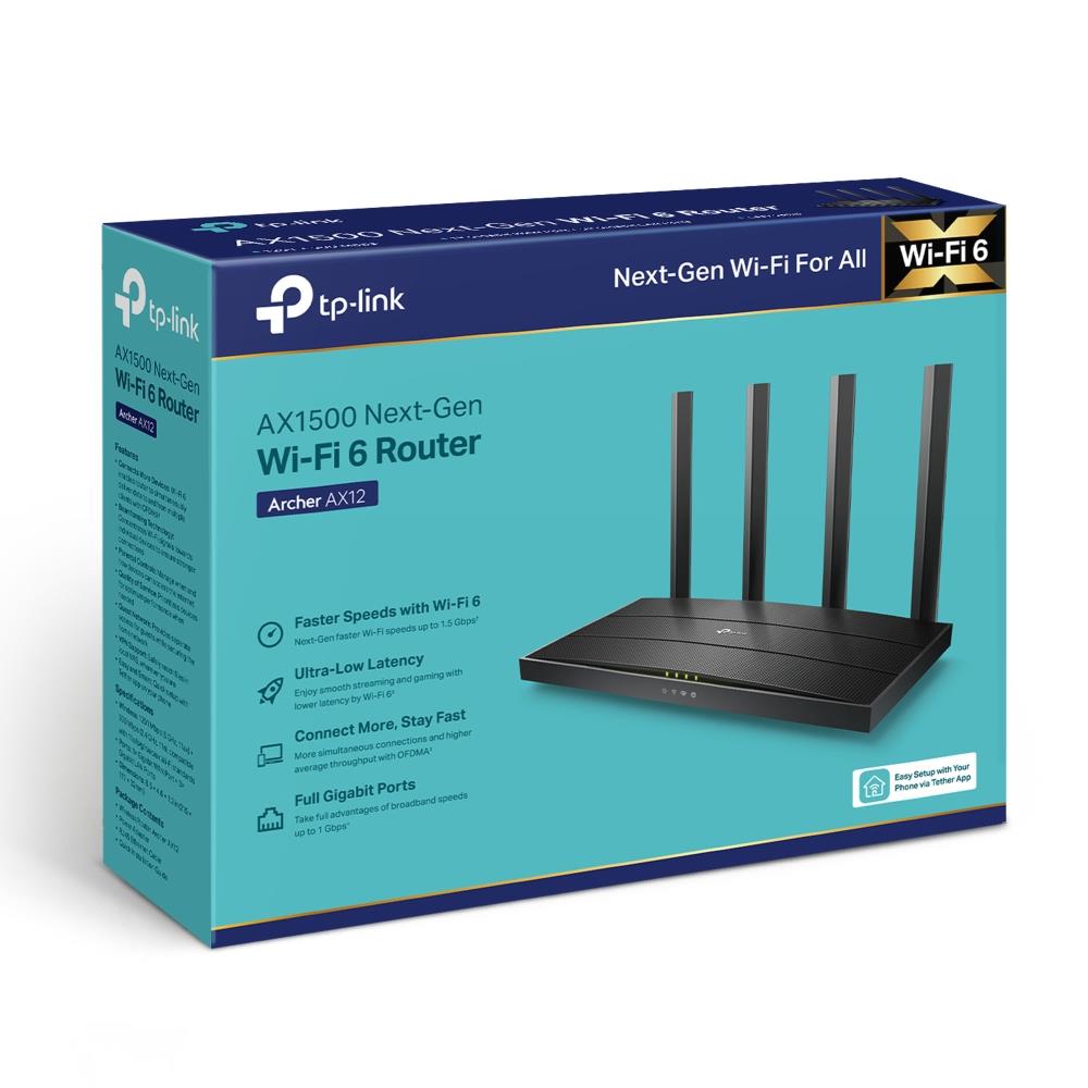 Wireless Router TP-LINK Wireless Router 1500 Mbps Wi-Fi 6 1 WAN 3x10/100/1000M Number of antennas 4 ARCHERAX12
