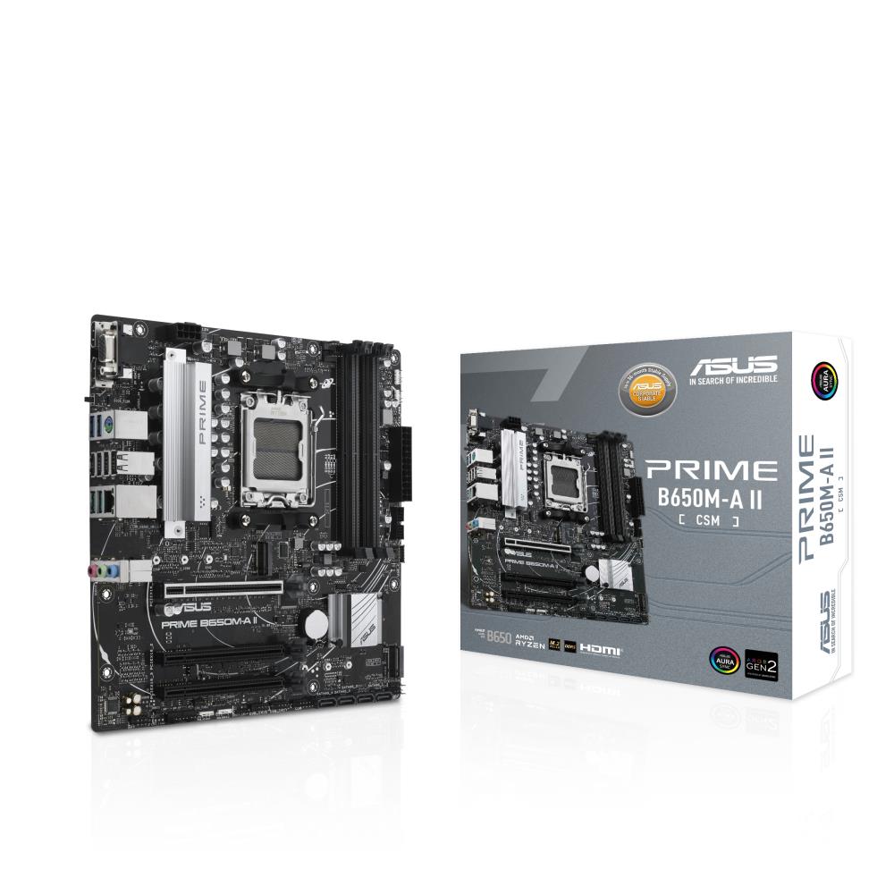 Mainboard ASUS AMD B650 SAM5 Micro-ATX Memory DDR5 Memory slots 4 2xPCI-Express 4.0 16x 2xM.2 1xVGA 1xHDMI 1xDisplayPort 4xUSB 2.0 4xUSB 3.2 1xPS/2 1xRJ45 3xAudio port PRIMEB650M-AII-CSM