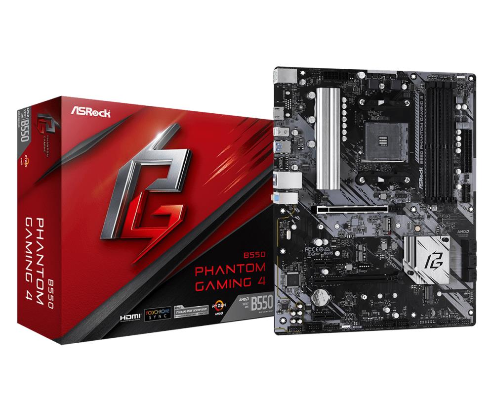 Mainboard ASROCK AMD B550 SAM4 ATX 2xPCI-Express 3.0 1x 1xPCI-Express 3.0 4x 2xM.2 1xPCI-Express 4.0 16x Memory DDR4 Memory slots 4 1xHDMI 2xAudio-In 1xAudio-Out 6xUSB 3.2 1xPS/2 1xRJ45 B550PHANTOMGAMING4