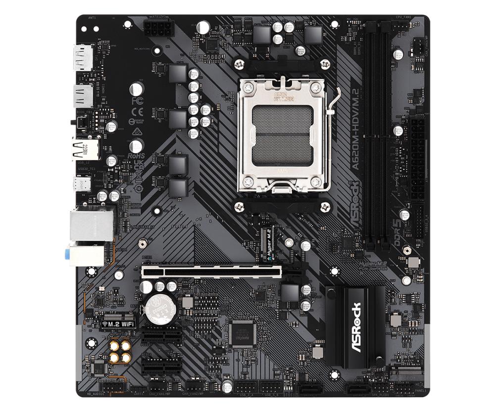 Mainboard ASROCK AMD A620 SAM5 Micro-ATX Memory DDR5 Memory slots 2 2xPCI-Express 3.0 1x 1xPCI-Express 4.0 16x 2xM.2 1xHDMI 1xDisplayPort 2xUSB 2.0 2xUSB 3.2 1xUSB-C 1xRJ45 3xAudio port A620M-HDV/M.2
