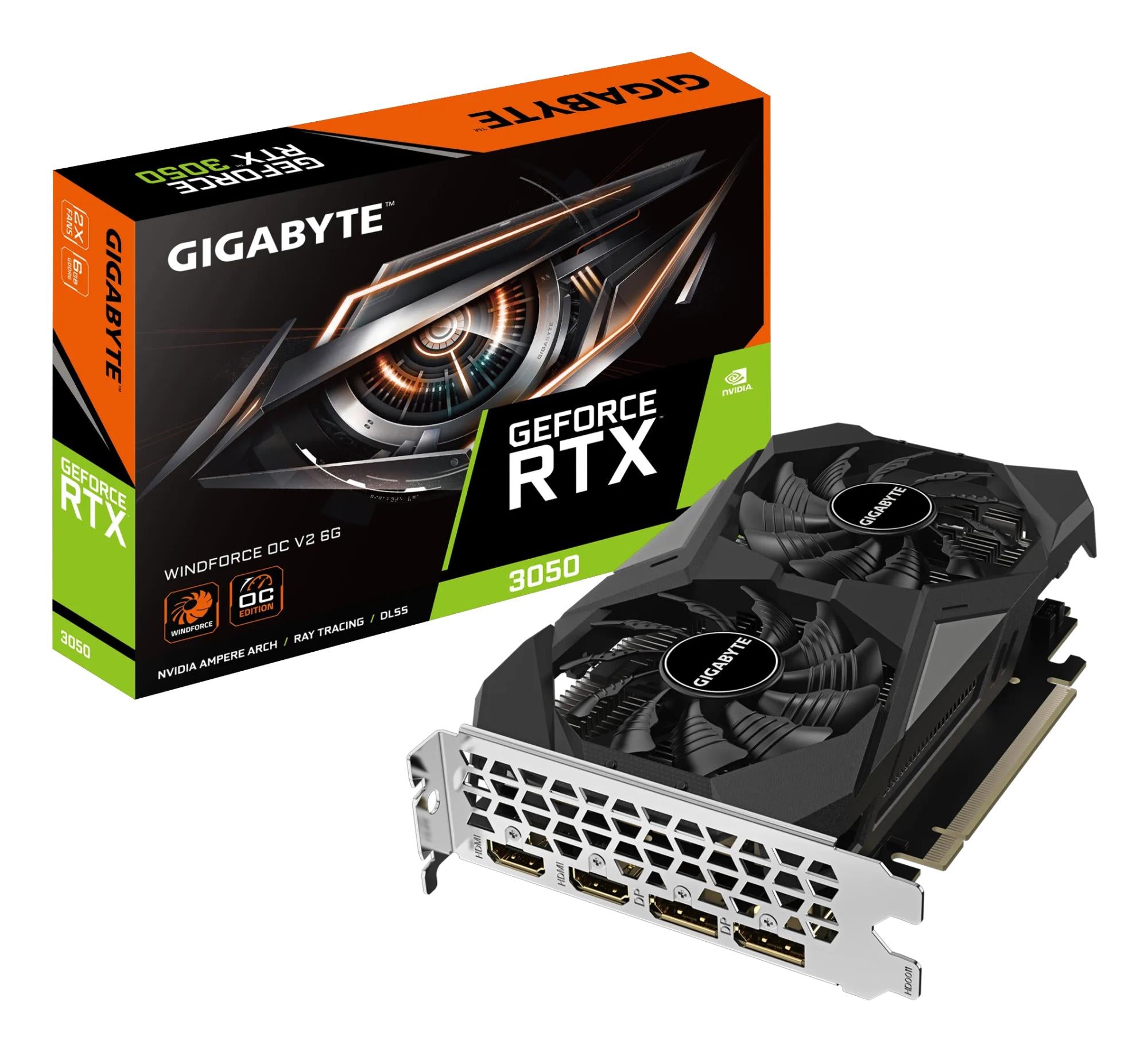 Graphics Card GIGABYTE NVIDIA GeForce RTX 3050 6 GB GDDR6 96 bit PCIE 4.0 16x Memory 14000 MHz GPU 1477 MHz 2xHDMI 2xDisplayPort GV-N3050WF2OCV2-6GD