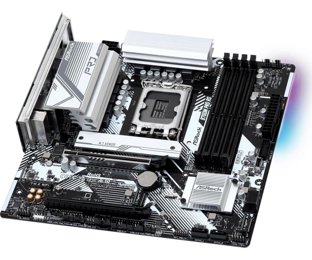 Mainboard ASROCK Intel B760 Express LGA1700 Micro-ATX Memory DDR5 Memory slots 4 1xPCI-Express 3.0 16x 1xPCI-Express 5.0 16x 1xM.2 1xHDMI 1xDisplayPort 2xUSB 2.0 3xUSB 3.2 1xUSB-C 1xPS/2 1xRJ45 3xAudio port B760MPRORS