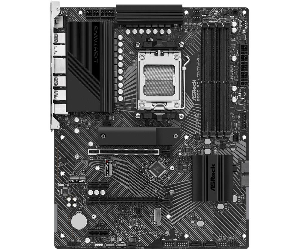 Mainboard ASROCK AMD B650 SAM5 ATX Memory DDR5 Memory slots 4 2xPCI-Express 4.0 1x 2xPCI-Express 4.0 16x 3xM.2 1xHDMI 1xAudio-In 1xAudio-Out 1xMicrophone 4xUSB 2.0 7xUSB 3.2 2xUSB-C 1xRJ45 B650PGLIGHTNING
