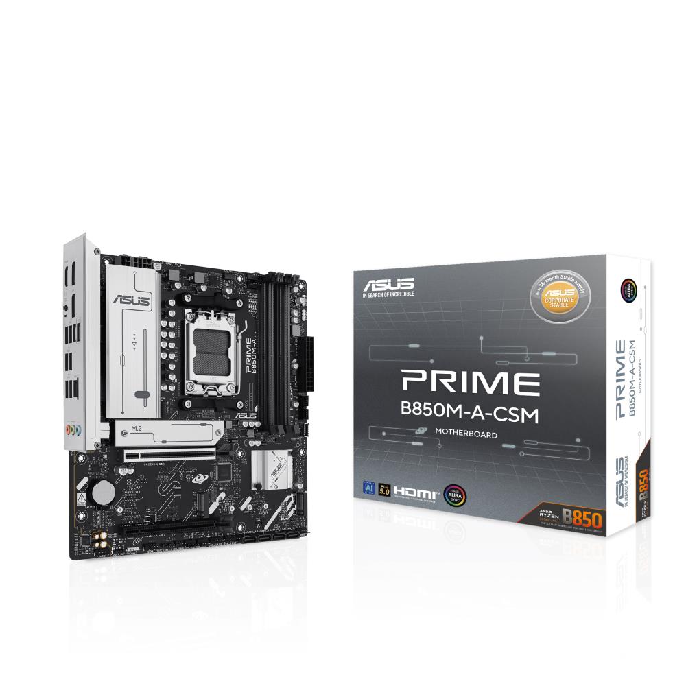 Mainboard ASUS AMD B850 SAM5 Micro-ATX Memory DDR5 Memory slots 4 1xPCI-Express 4.0 16x 1xPCI-Express 5.0 16x 3xM.2 1xHDMI 2xDisplayPort 4xUSB 2.0 4xUSB 3.2 1xRJ45 3xAudio port PRIMEB850M-A-CSM