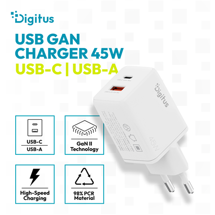 Digitus | USB GaN Charger 45W, 1x USB-C, 1x USB-A | DA-10302