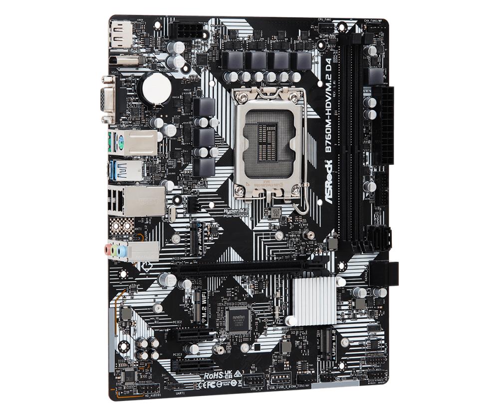 Mainboard ASROCK Intel B760 Express LGA1700 Micro-ATX Memory DDR4 Memory slots 2 2xPCI-Express 3.0 1x 1xPCI-Express 4.0 16x 2xM.2 1x15pin D-sub 1xHDMI 1xDisplayPort 2xUSB 2.0 3xUSB 3.2 1xUSB-C 1xPS/2 1xRJ45 3xAudio port B760M-HDV/M.2D4