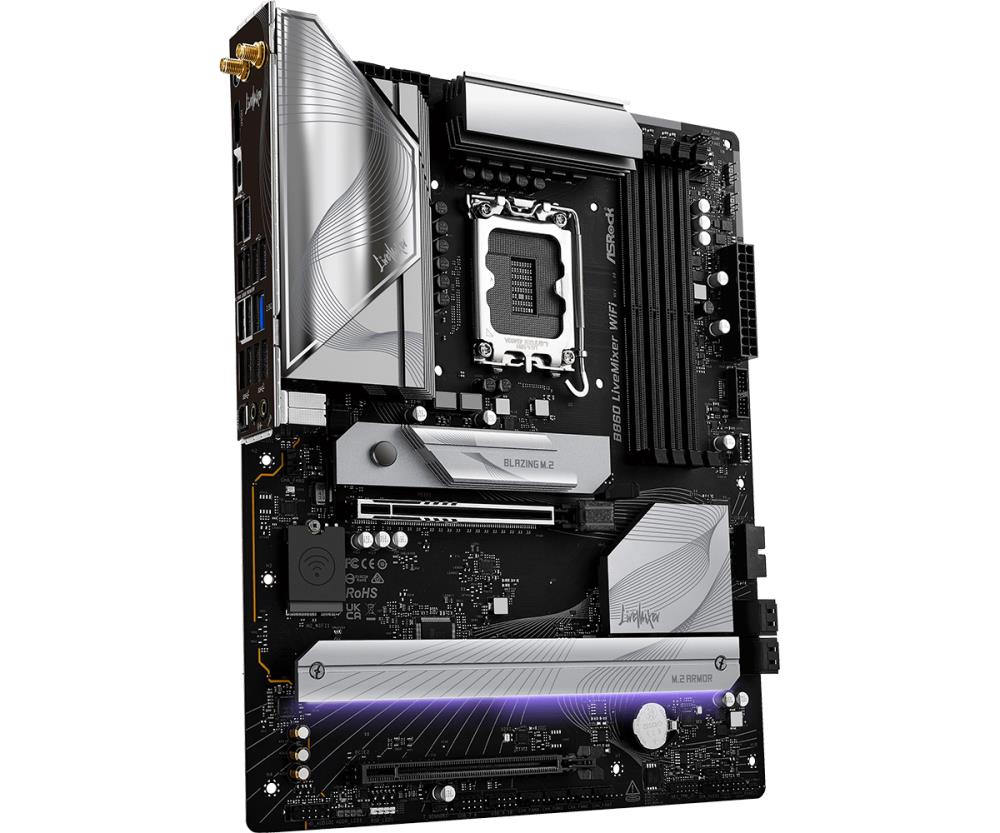 Mainboard ASROCK Intel B860 Express LGA1851 ATX Memory DDR5 Memory slots 4 1xPCI-Express 4.0 16x 1xPCI-Express 5.0 16x 1xM.2 1xHDMI 1xAudio-Out 1xMicrophone 6xUSB 2.0 6xUSB 3.2 1xUSB-C w/Thunderbolt 1xOptical S/PDIF 1xRJ45 B860LIVEMIXERWIFI