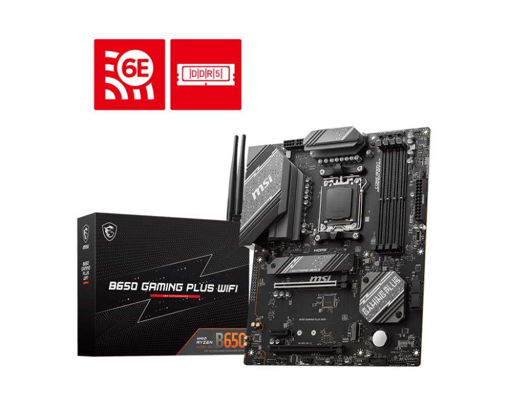 Mainboard MSI AMD B650 SAM5 ATX Memory DDR5 Memory slots 4 2xPCI-Express 1x 2xPCI-Express 4.0 16x 2xM.2 1xHDMI 1xDisplayPort 7xUSB 3.2 1xUSB-C 1xRJ45 6xAudio port B650GAMINGPLUSWIFI