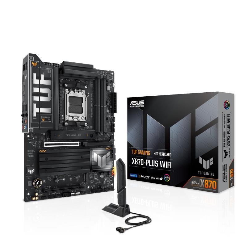 Mainboard ASUS AMD X870 SAM5 ATX Memory DDR5 Memory slots 4 2xPCI-Express 4.0 16x 1xPCI-Express 5.0 16x 4xM.2 1xHDMI 1xUSB 2.0 7xUSB 3.2 2xUSB-C 1xRJ45 5xAudio port TUFGAMINGX870-PLUSWIFI