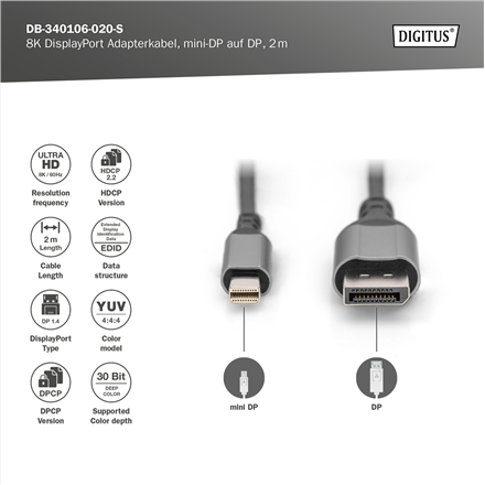 Digitus | 8K DisplayPort Adapter Cable, Mini DP to DP, 2 m | DB-340106-020-S | DisplayPort to DisplayPort