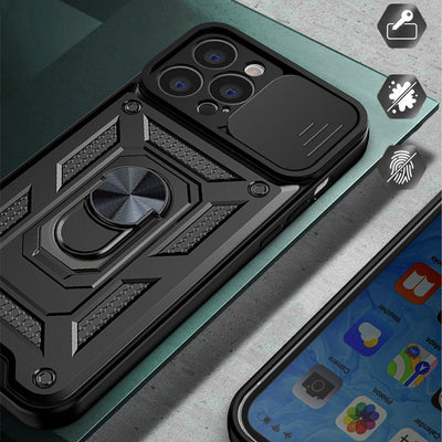 Hybrid Armor Camshield case for iPhone 14 Pro Max armored case with camera cover black — Hurtel