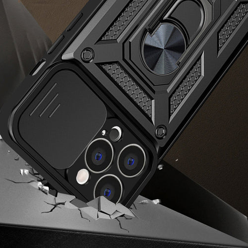 Hybrid Armor Camshield case for iPhone 13 Pro armored case with camera cover black — Hurtel