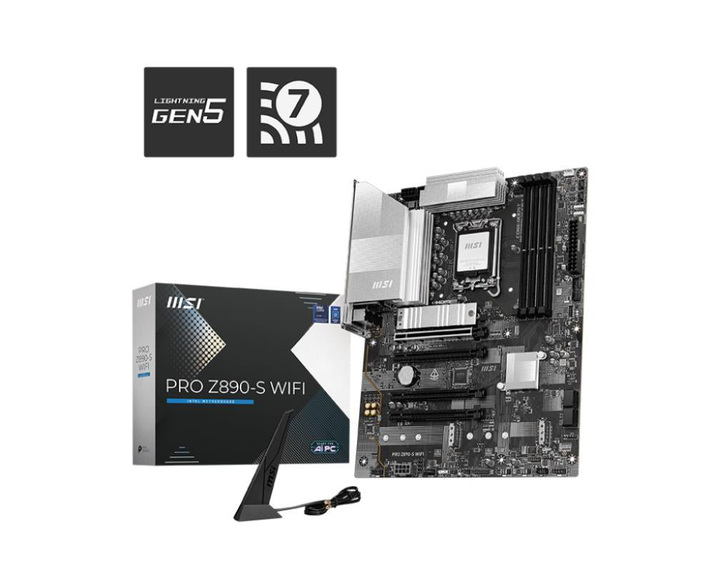 Mainboard MSI Intel Z890 LGA1851 ATX Memory DDR5 Memory slots 4 1xPCI-Express 3.0 1x 2xPCI-Express 4.0 4x 1xPCI-Express 5.0 16x 3xM.2 1xHDMI 1xDisplayPort 4xUSB 2.0 2xUSB 3.0 1xUSB-C 1xUSB-C w/Thunderbolt 3xAudio port PROZ890-SWIFI