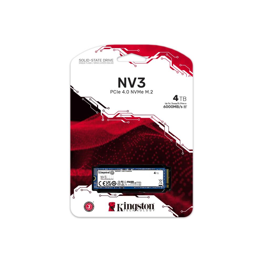 SSD KINGSTON NV3 4TB M.2 PCIE 3D NAND Write speed 5000 MBytes/sec Read speed 6000 MBytes/sec MTBF 200000 hours SNV3S/4000G