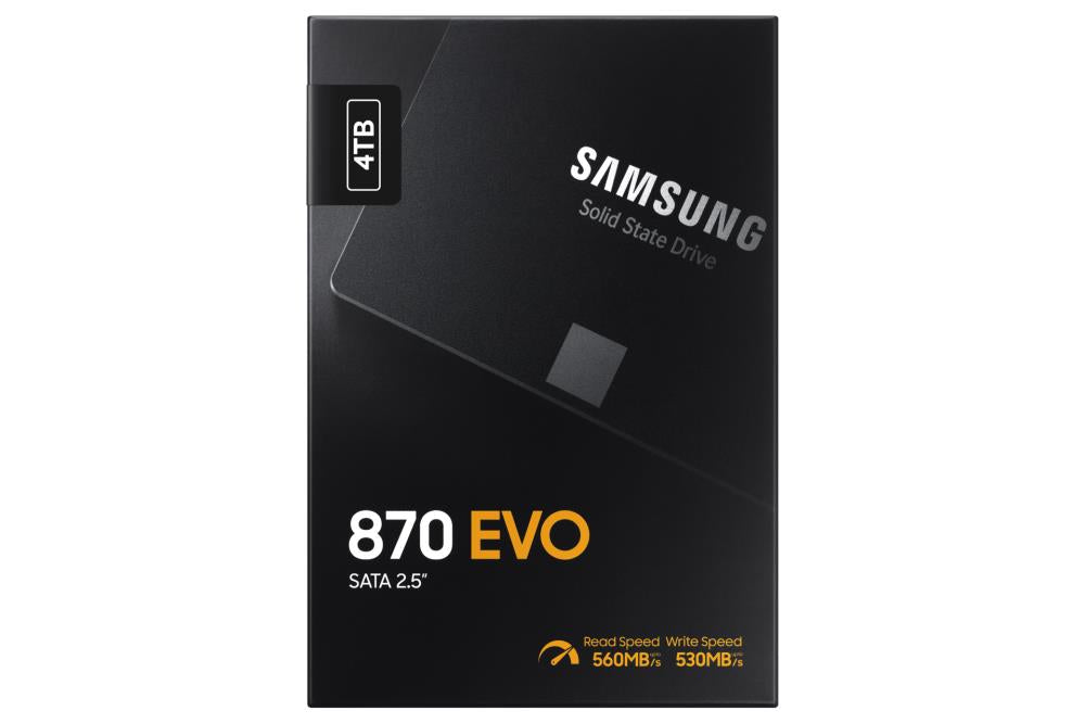 SSD SAMSUNG 870 EVO 4TB SATA SATA 3.0 MLC Write speed 530 MBytes/sec Read speed 560 MBytes/sec 2,5" TBW 2400 TB MTBF 1500000 hours MZ-77E4T0B/EU