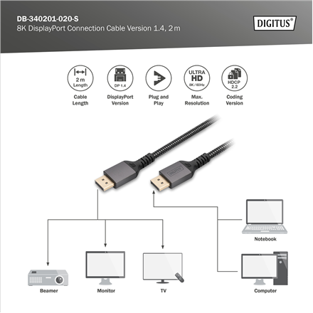 Digitus | 8K DisplayPort Connection Cable Version 1.4 | DB-340201-020-S | DisplayPort to DisplayPort