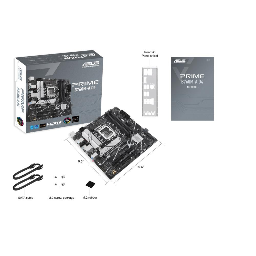 Mainboard ASUS Intel B760 Express LGA1700 Micro-ATX Memory DDR4 Memory slots 4 1xPCI-Express 4.0 16x 2xM.2 1xHDMI 1xDisplayPort 4xUSB 2.0 2xUSB 3.2 1xPS/2 1xRJ45 3xAudio port PRIMEB760M-AD4-CSM