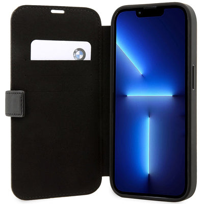 Case BMW BMBKP14L22RVSK iPhone 14 Pro 6.1" black/black bookcase Leather Stamp Blue Lines