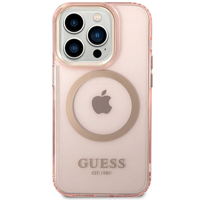 Guess GUHMP14XHTCMP iPhone 14 Pro Max 6.7" pink/pink hard case Gold Outline Translucent MagSafe