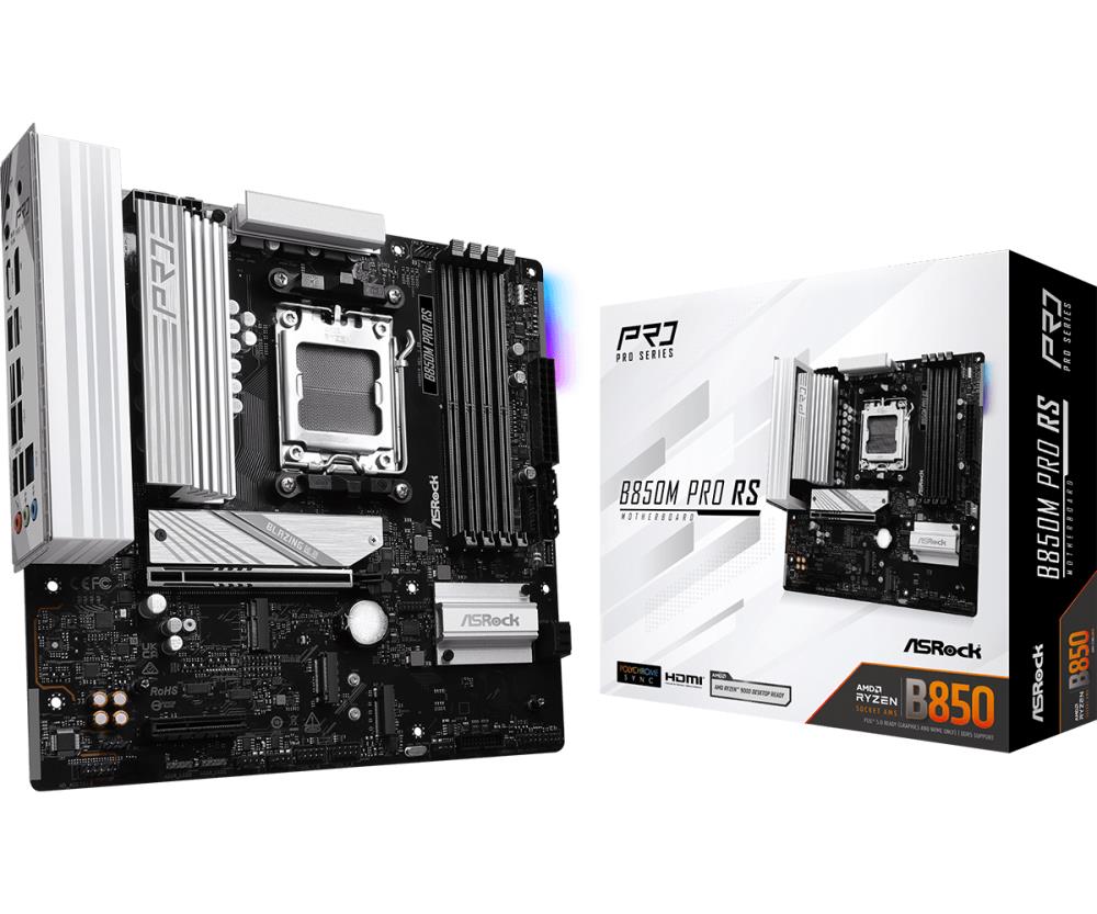Mainboard ASROCK AMD B850 SAM5 Micro-ATX Memory DDR5 Memory slots 4 1xPCI-Express 4.0 4x 1xPCI-Express 5.0 16x 1xM.2 1xHDMI 1xDisplayPort 1xAudio-In 1xAudio-Out 1xMicrophone 4xUSB 2.0 3xUSB 3.2 1xUSB-C 1xRJ45 B850MPRORS