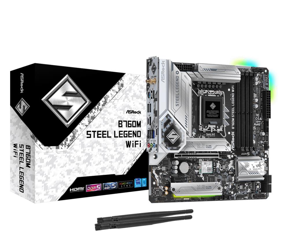 Mainboard ASROCK Intel B760 Express LGA1700 Micro-ATX Memory DDR5 Memory slots 4 1xPCI-Express 4.0 1x 1xPCI-Express 5.0 16x 4xM.2 1xHDMI 1xDisplayPort 2xUSB 2.0 5xUSB 3.2 1xUSB-C 1xPS/2 1xRJ45 3xAudio port B760MSTEELLEGENDWIFI