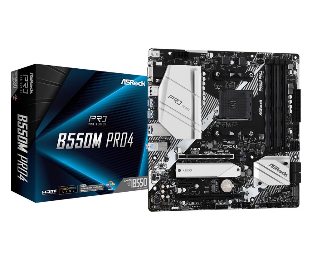 Mainboard ASROCK AMD B550 SAM4 MicroATX 1xPCI-Express 3.0 1x 1xPCI-Express 3.0 16x 1xM.2 1xPCI-Express 4.0 16x Memory DDR4 Memory slots 4 1x15pin D-sub 1xHDMI 1xDisplayPort 2xUSB 2.0 1xUSB type C 5xUSB 3.2 1xPS/2 1xRJ45 3xAudio port B550MPRO4