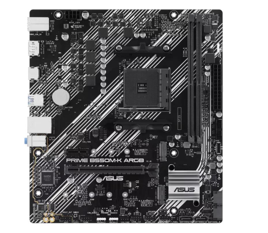 Mainboard ASUS AMD B550 SAM4 Micro-ATX Memory DDR4 Memory slots 2 1xPCI-Express 3.0 1x 1xPCI-Express 3.0 16x 1xPCI-Express 4.0 16x 1xM.2 1xHDMI 1xDisplayPort 1xAudio-In 1xAudio-Out 1xMicrophone 2xUSB 2.0 4xUSB 3.2 1xPS/2 1xRJ45 PRIMEB550M-KARGB