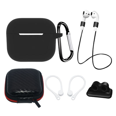 AirPods 3 Silicone Case Set + Case/Ear Hook/Neck Strap/Watch Strap Holder/Carabiner Clasp - black — Hurtel