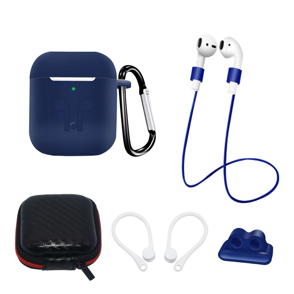 Set of AirPods 2 / AirPods 1 silicone case + case / ear hook / neck strap / watch strap holder / carabiner - blue — Hurtel