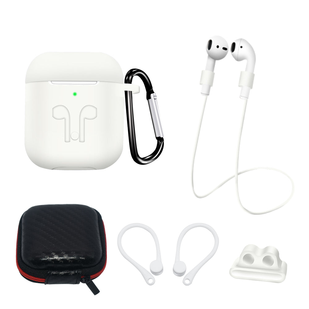 Silicone Case Set for AirPods 2 / AirPods 1 + Case / Ear Hook / Neck Strap / Watch Strap Holder / Carabiner - White — Hurtel