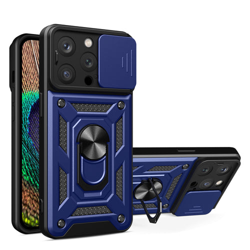 Hybrid Armor Camshield iPhone 15 Pro Case with Kickstand and Camera Cover - Blue — Hurtel