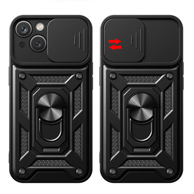 Hybrid Armor Camshield Case with Stand and Camera Cover for iPhone 15 Plus - Black — Hurtel