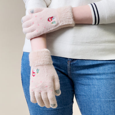 Women's winter telephone gloves with a snowman and a Christmas tree - beige — Hurtel